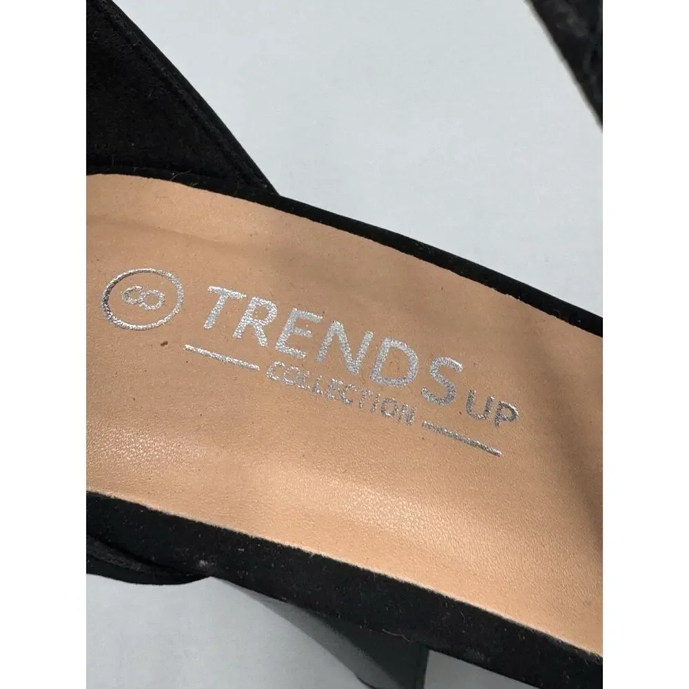 TRENDSup Collection Open Toe Ankle Strap Sandal Caged Black Stacked Heel Sz 8